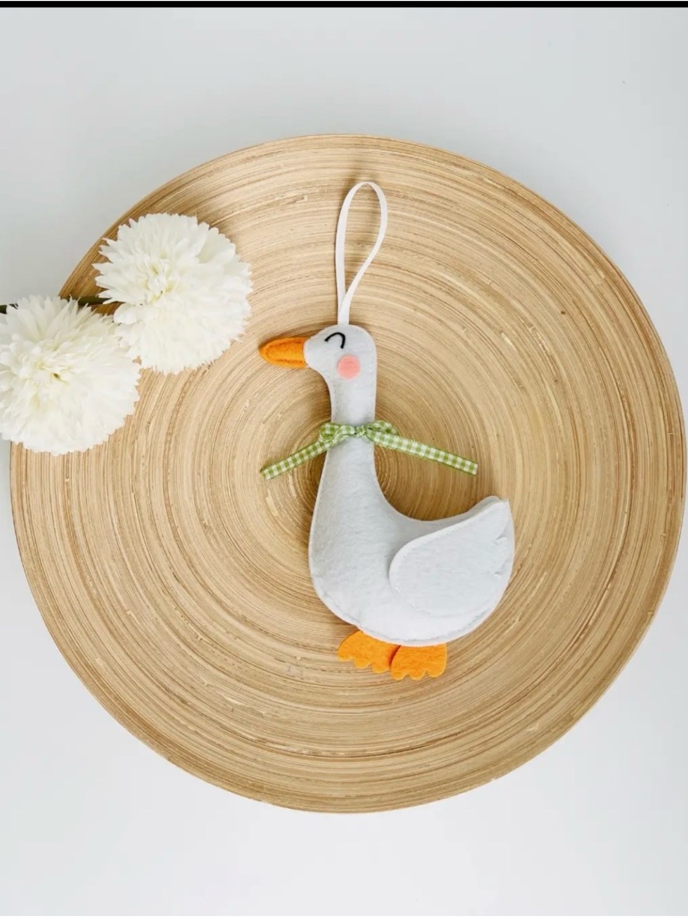 Handmade White Felt Goose Ornament with Green Check Ribbon - Picture 2 of 3
